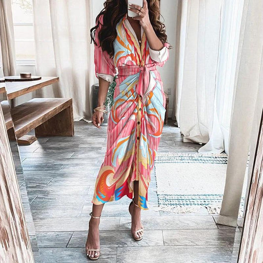 Mandotos European and American print long sleeve shirt dress with lace-up front and button details, casual and stylish for women.