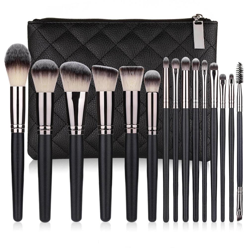 Mandotos matte black makeup brush set with 15 essential brushes for flawless makeup application, displayed in a neat arrangement.