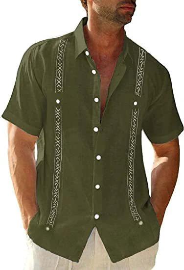 Men's Mandotos Guayabera Cuban shirt with short sleeves, casual printed streetwear style, featuring traditional embroidery details.