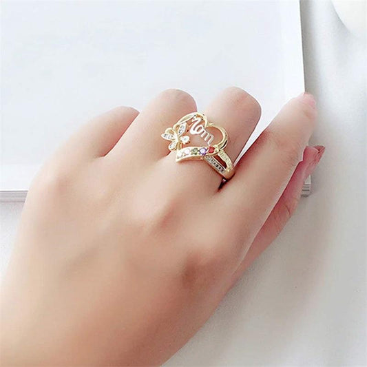 Mandotos Mother's Day gift ring with hollow heart, English letter love design, rhinestone butterfly accents, jewelry for mom