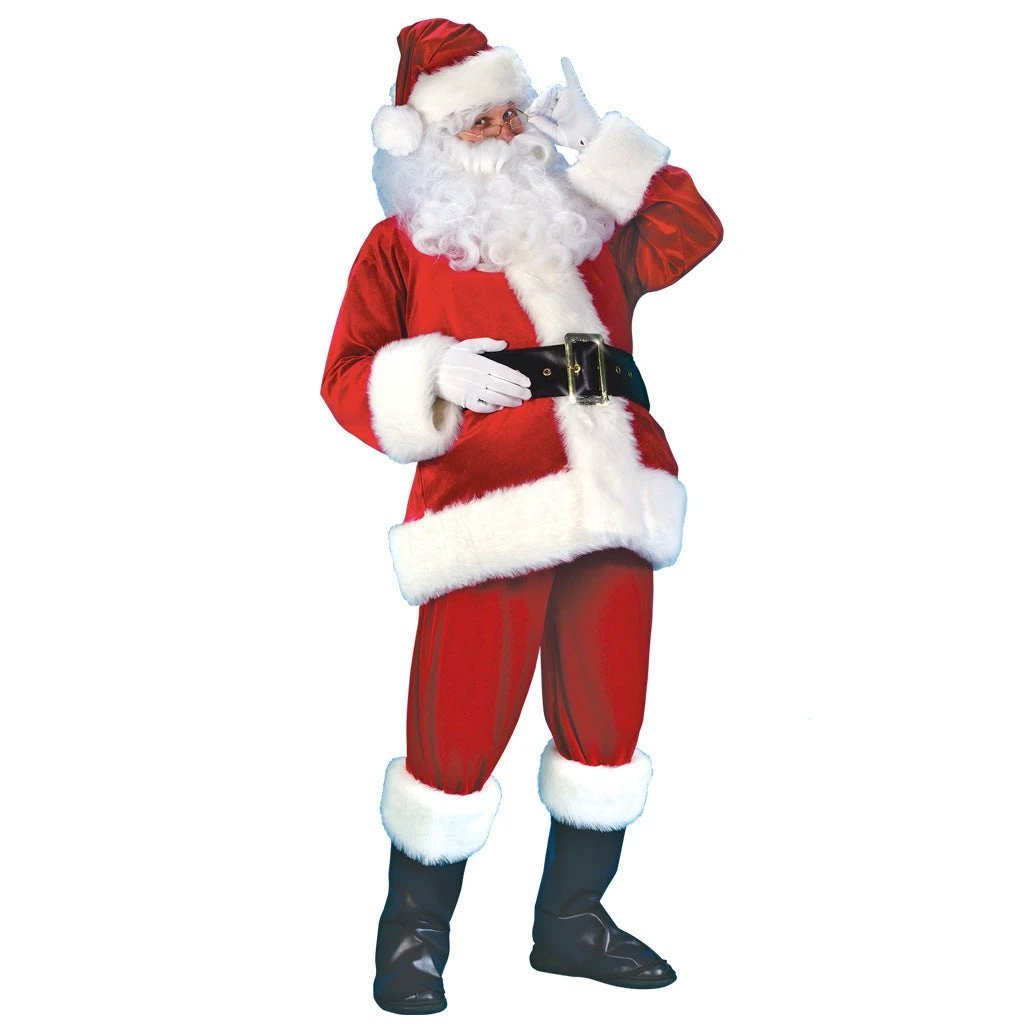 Mandotos Premium Complete Santa Claus costume suit with red coat, white beard, and accessories for festive dress-up.
