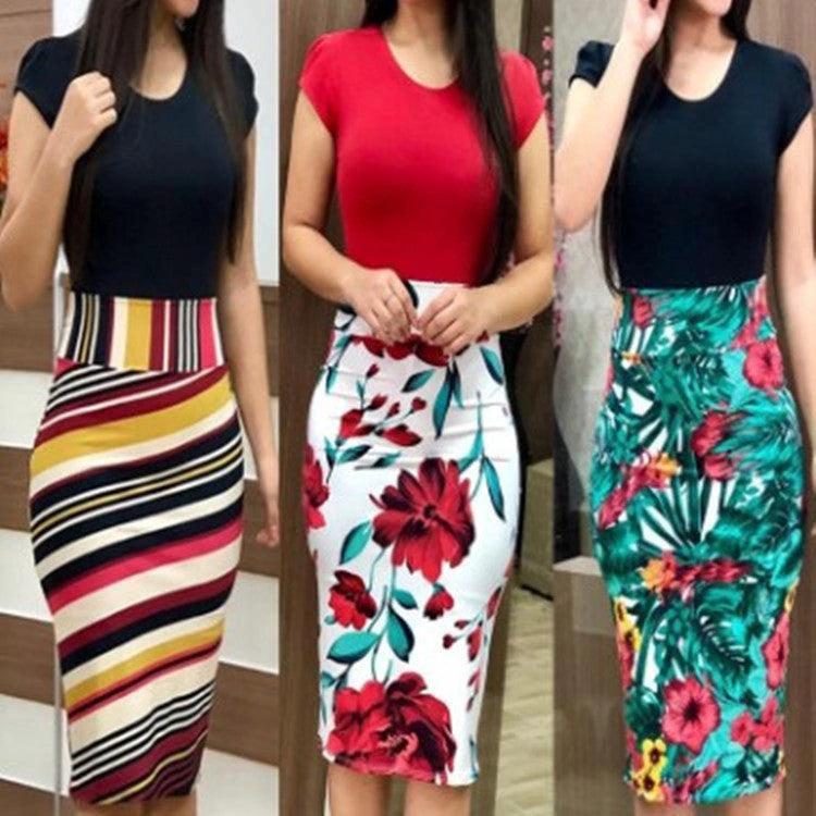 Mandotos printed office midi pencil dress for women, large size, featuring a stylish, fitted design suitable for professional wear.