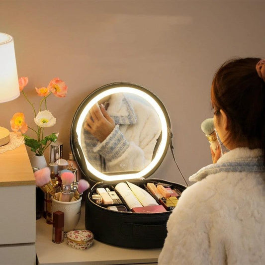Round MANDOTOS smart LED makeup bag with mirror lights, travel organizer for cosmetics and beauty essentials.