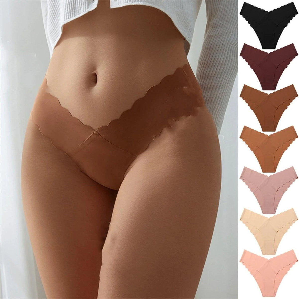 Mandotos Wave Lace V-shaped Waist Seamless Ice Silk Girl Underwear, soft and comfortable with delicate lace details.