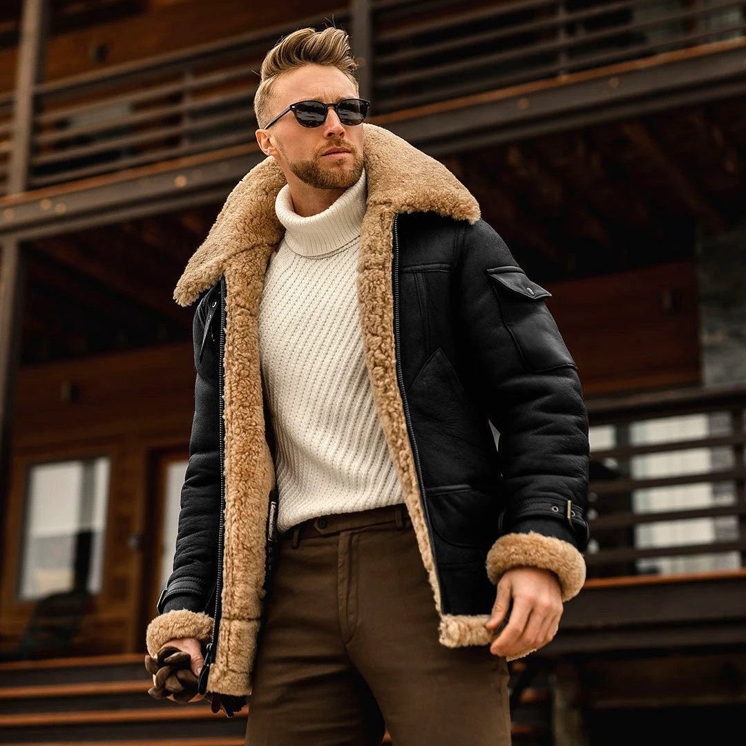 Mens winter military fleece jacket with fur collar, tactical army style, warm coat by MANDOTOS, designed for cold weather and outdoor wear.