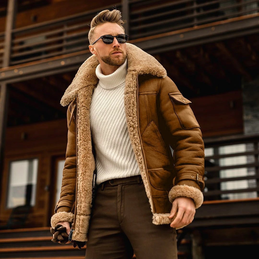 Mens winter military fleece jacket by MANDOTOS with fur collar, tactical design, warm coat suitable for cold weather outdoor wear.