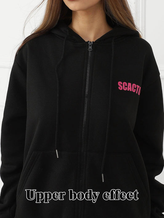 Women's long-sleeved hoodie set by MANDOTOS, featuring a comfortable fit and casual style, shown in a front view.