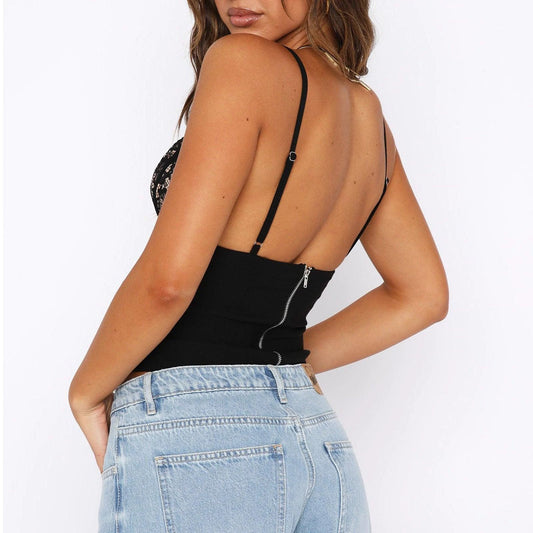 Women's V-neck lace camisole vest with back zipper, sleeveless summer top by MANDOTOS, slim fit and stylish design.