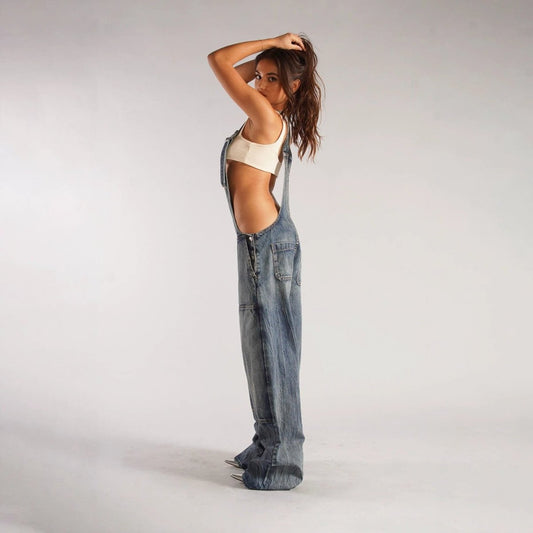 Mandotos Y2K denim overalls with zipper suspenders, streetwear style, featuring a casual, trendy jumpsuit design.