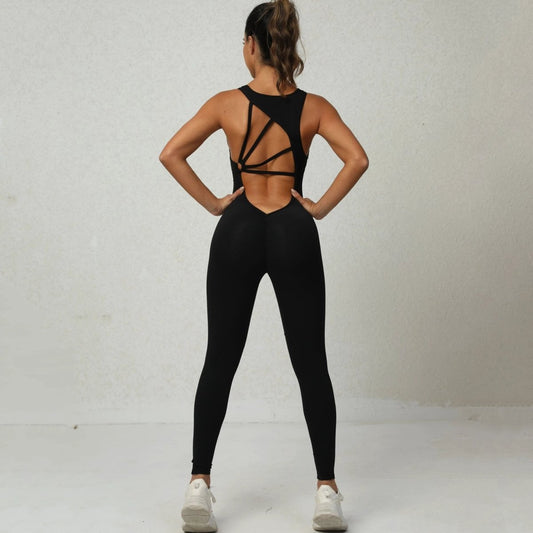 Mandotos women's yoga jumpsuit with V-shaped back, sleeveless design, stretchy fabric, ideal for fitness, running, and sportswear.
