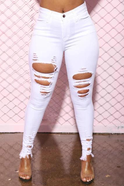 Mandotos denim pencil pants for women, slim long trousers with ripped holes and stretch feet, stylish and comfortable fit.