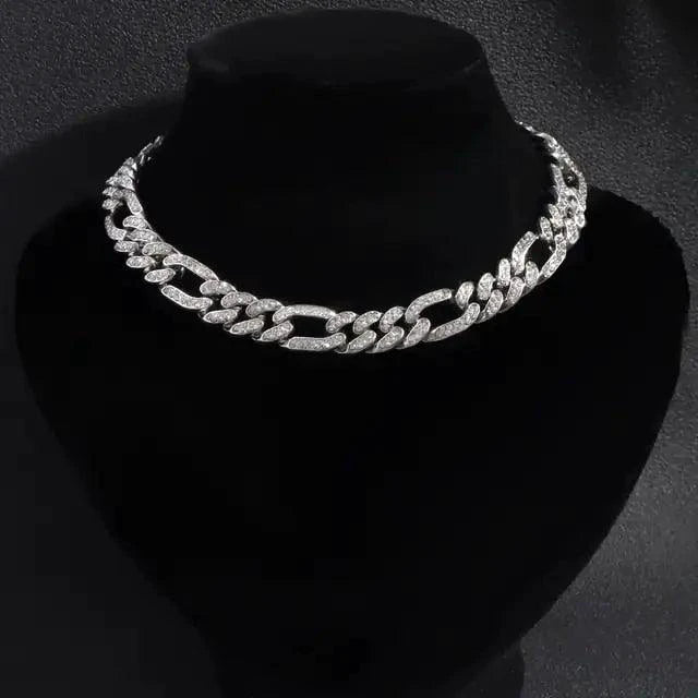 Elegant cubic zirconia Cuban necklace with sparkling stones, crafted by MANDOTOS, showcasing a stylish and sophisticated jewelry design.