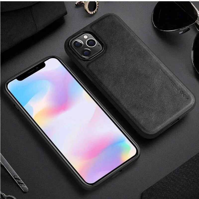 Elegant leather iPhone shield by MANDOTOS showing a sleek, stylish protective case with smooth leather finish and precise cutouts.