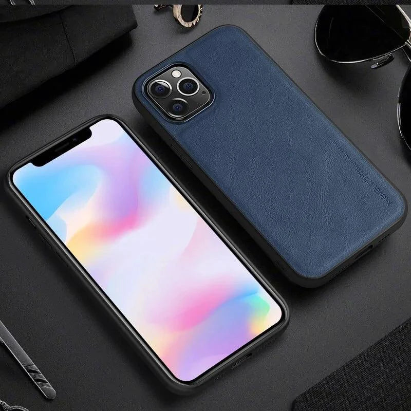 Elegant leather iPhone shield by MANDOTOS featuring a sleek design and durable leather material, shown in close-up.
