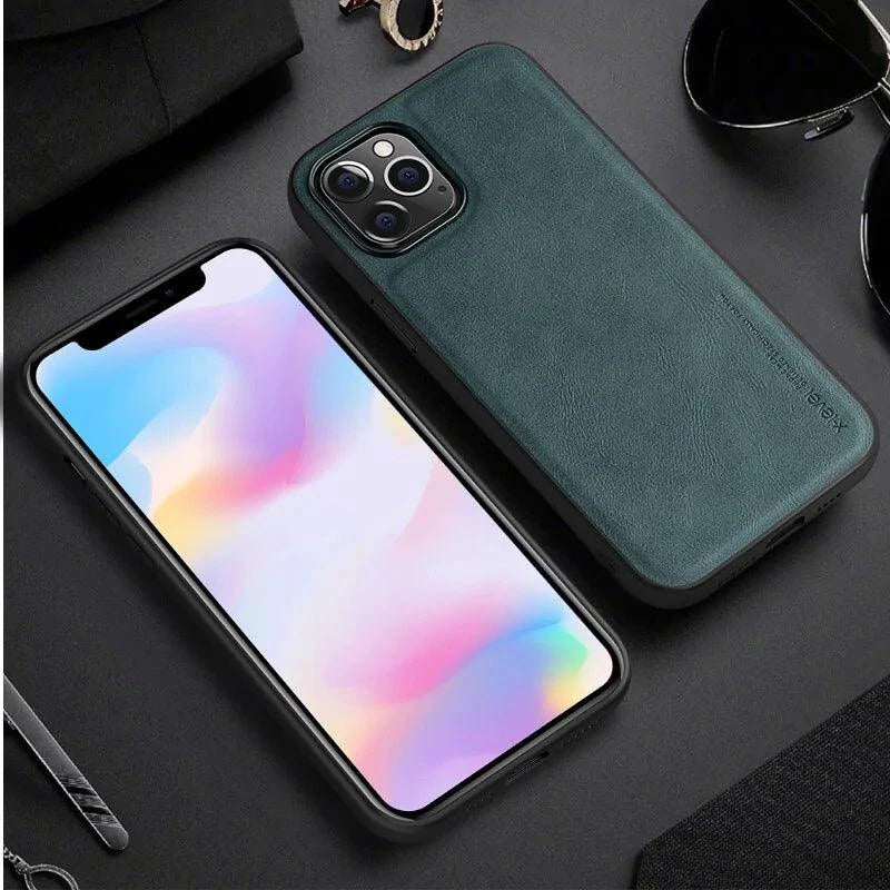 Elegant leather iPhone shield by MANDOTOS, showcasing a sleek protective case with a smooth leather finish and precise cutouts.
