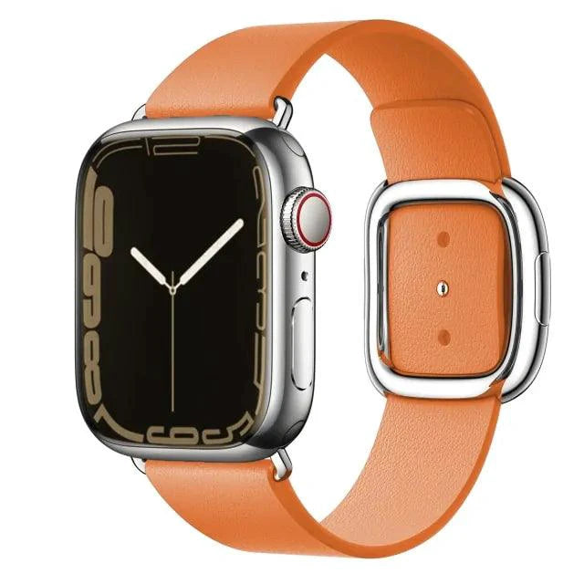 Elegant leather strap by MANDOTOS, showcasing smooth brown leather with fine stitching and polished metal buckle.
