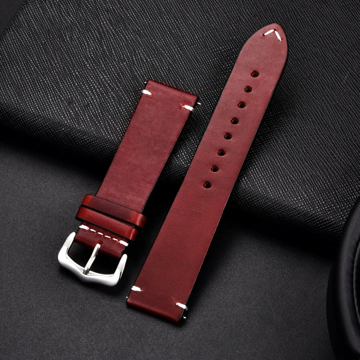 Elegant leather watch band by MANDOTOS featuring smooth brown leather and classic stitching for a sophisticated look.