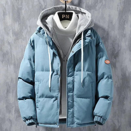 Men's winter windproof hooded cotton jacket by MANDOTOS, thickened two-piece coat with solid color, ideal for leisure and sports.
