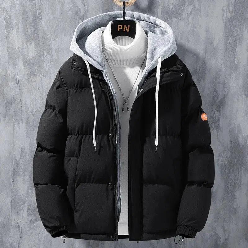 Mandotos men's winter hooded jacket with windproof, thick cotton design, solid color, and sporty two-piece style for casual wear.