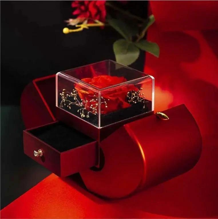 Mandotos red apple-shaped jewelry box with artificial rose and necklace, ideal for Christmas, Mother's Day, or Valentine's Day gifts.