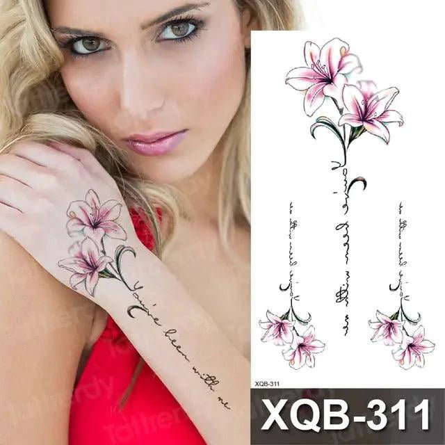 Mandotos Floral Essence Body Art Tattoo featuring vibrant floral designs on skin, showcasing detailed, colorful body art.