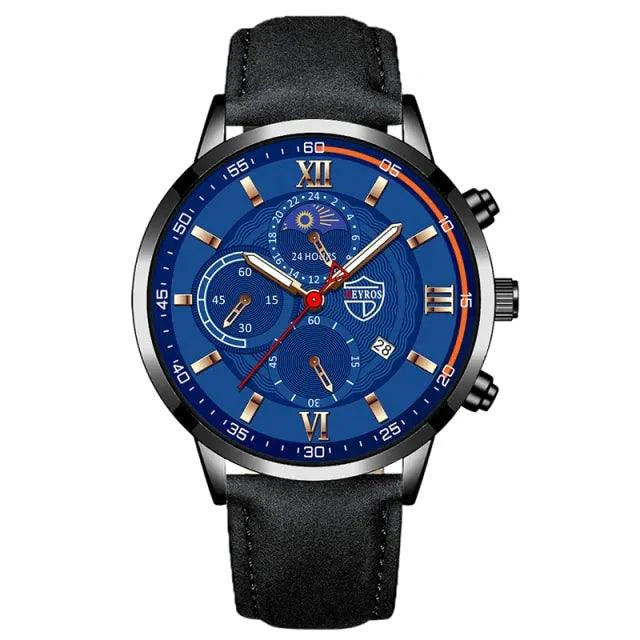Elegant men's classic leather watch by MANDOTOS with a round dial and leather strap, showcasing sophisticated style.