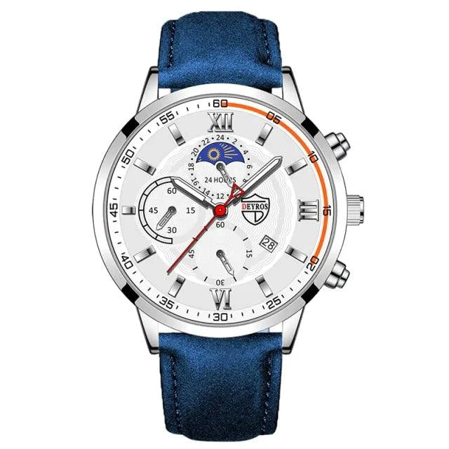 Mandotos men's classic leather watch with a round face, silver case, and black leather strap on a white background.