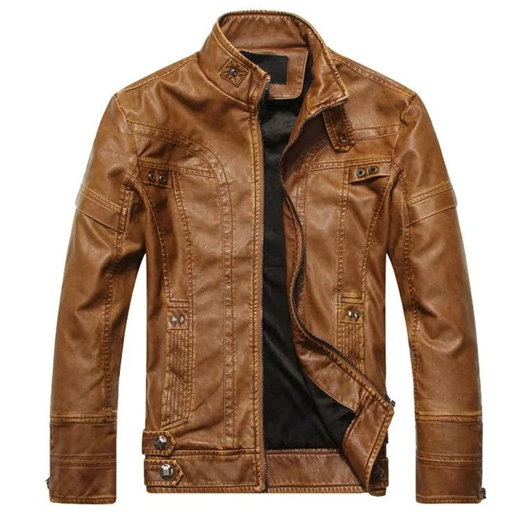Mandotos men's leather outerwear jacket with a sleek design and classic style, shown on a model against a neutral background.