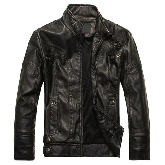 Mandotos men's leather outerwear featuring a classic design with a smooth brown leather finish and stylish collar.