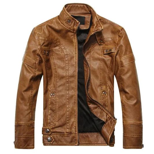 Mandotos men's leather outerwear with a smooth black finish, featuring a tailored collar and stylish design.