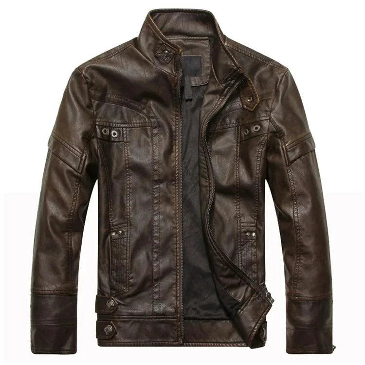 Mandotos men's leather outerwear jacket with a classic design, featuring a sleek black finish and detailed stitching.