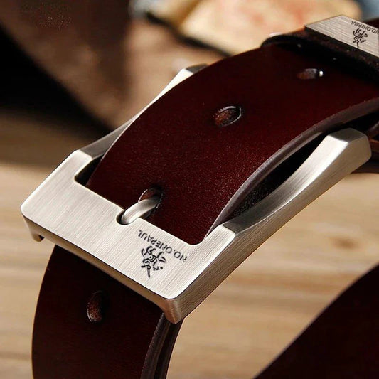 Genuine leather men's casual belt with buckle, cowhide design, MANDOTOS high-quality cowboy-style waist belt for fashion and business.
