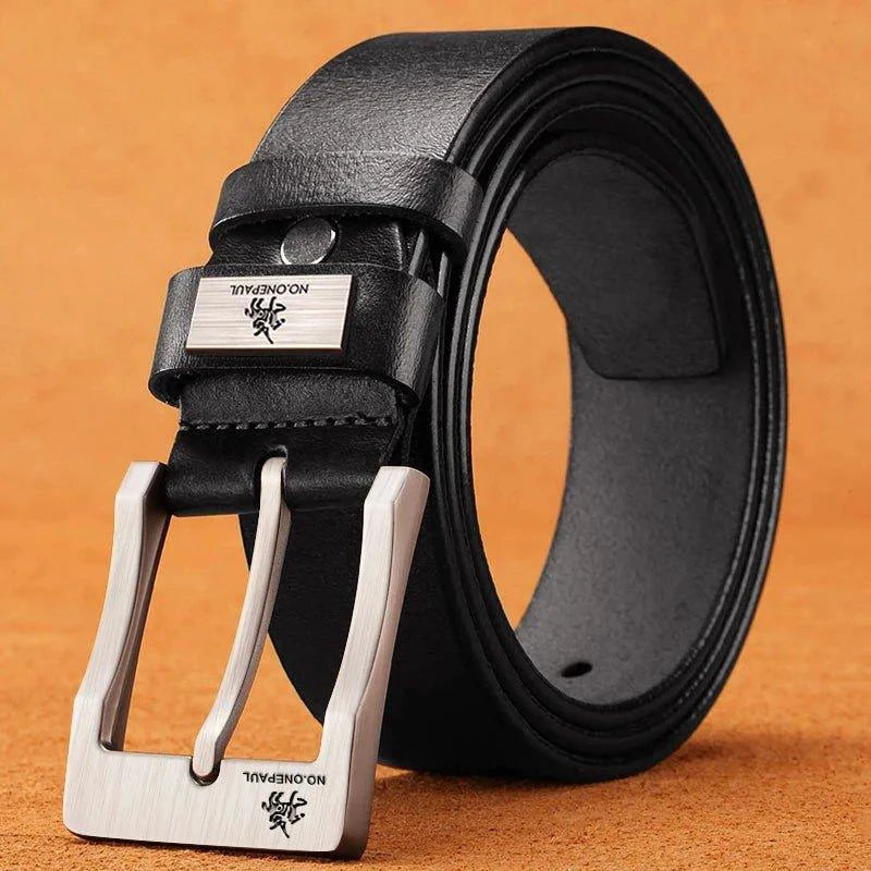 Genuine leather men's belt with brass buckle, cowhide material, casual and business style, high-quality designer accessory.