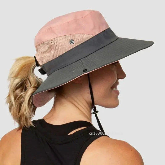 Girls' Ponytail UV Shield Sun Hat by MANDOTOS with wide brim and adjustable strap, designed for sun protection and comfortable wear.