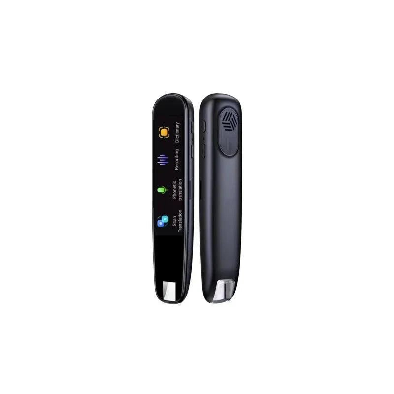 Mandotos Global Language Translator Pen displaying language options on its digital screen, compact handheld device for translation.