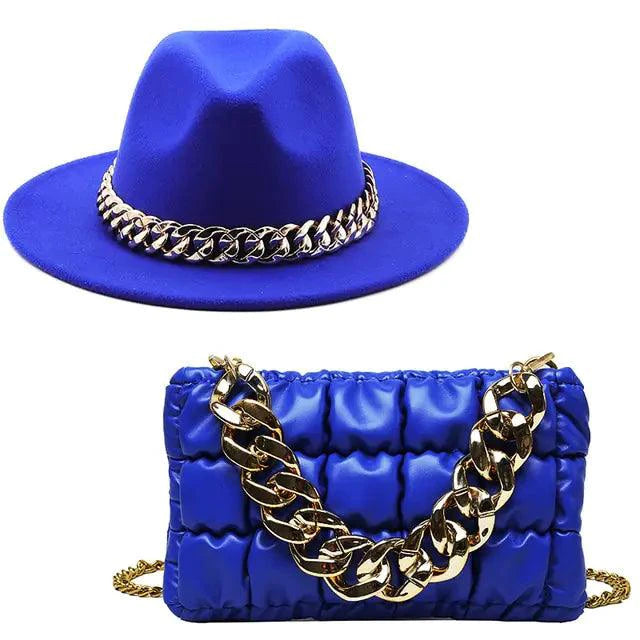 Mandotos luxury gold chain fedora hat with stylish design and adjustable brim, perfect for fashionable accessories.