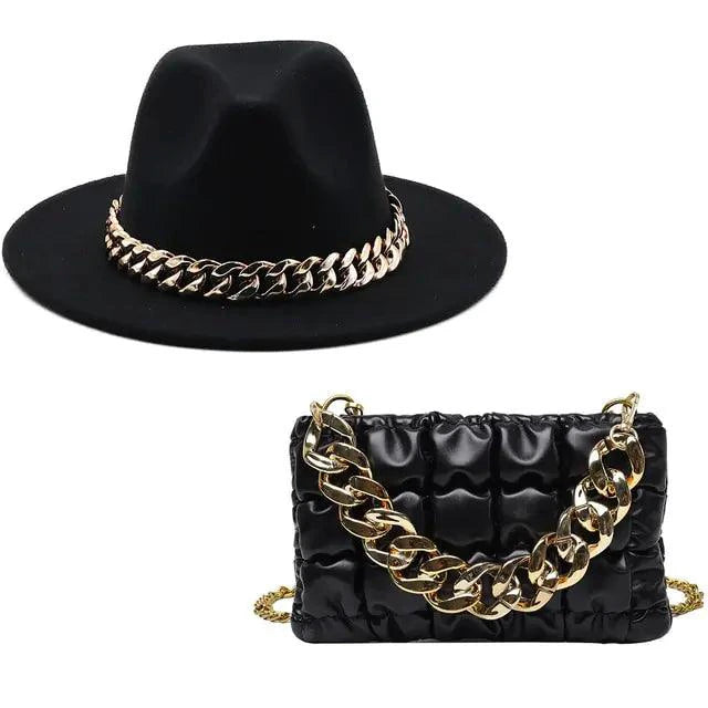 Mandotos luxury gold chain fedora hat with stylish design and sophisticated details.