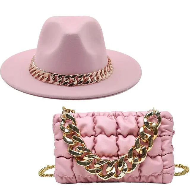 Mandotos luxury gold chain fedora hat with stylish design, featuring a wide brim and decorative gold chain detail.