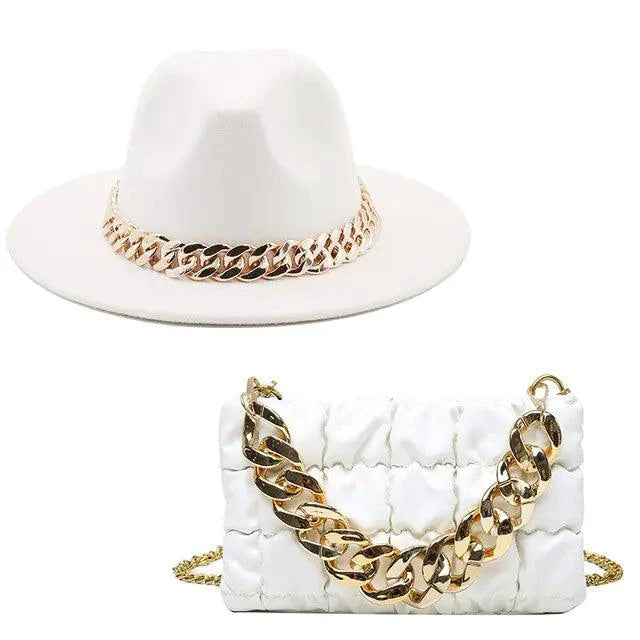 Mandotos gold chain fedora hat with luxury design, featuring a stylish gold chain band and classic fedora shape.