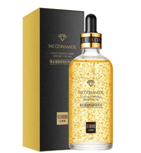 Mandotos Gold Essence Hyaluronic Serum in a clear glass bottle with dropper for hydrating skincare.