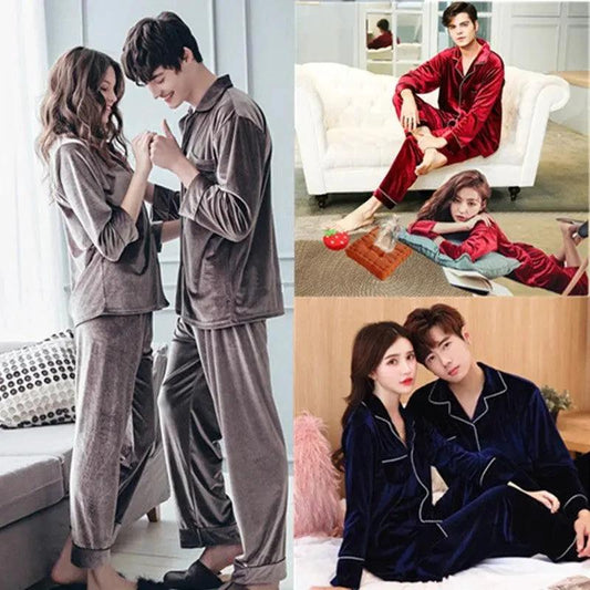 Gold velvet pajamas by MANDOTOS featuring a soft, luxurious fabric and a relaxed fit, perfect for cozy lounging or sleep.