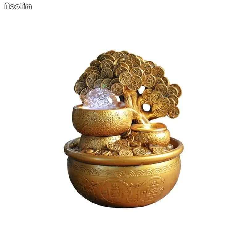 Mandotos Golden Prosperity Tree Fountain with flowing water and decorative golden leaves on a stone base.