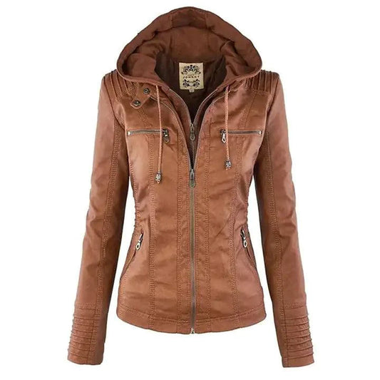 Mandotos gothic faux leather jacket with silver zipper and pointed collar, stylishly displayed on a hanger.
