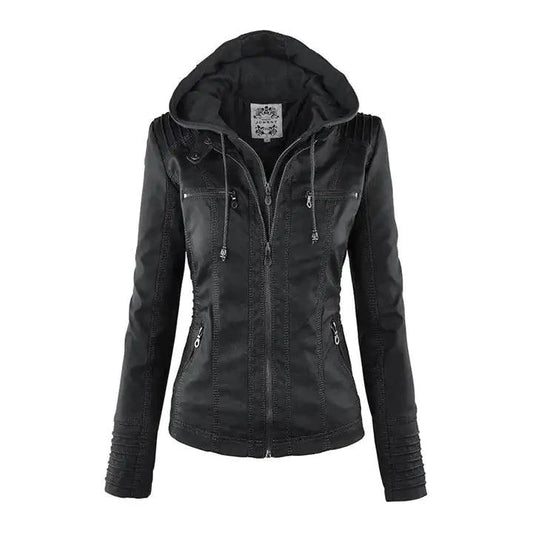 Mandotos Gothic faux leather jacket displayed on a hanger, featuring a dark, edgy design with silver zipper and buckle details.