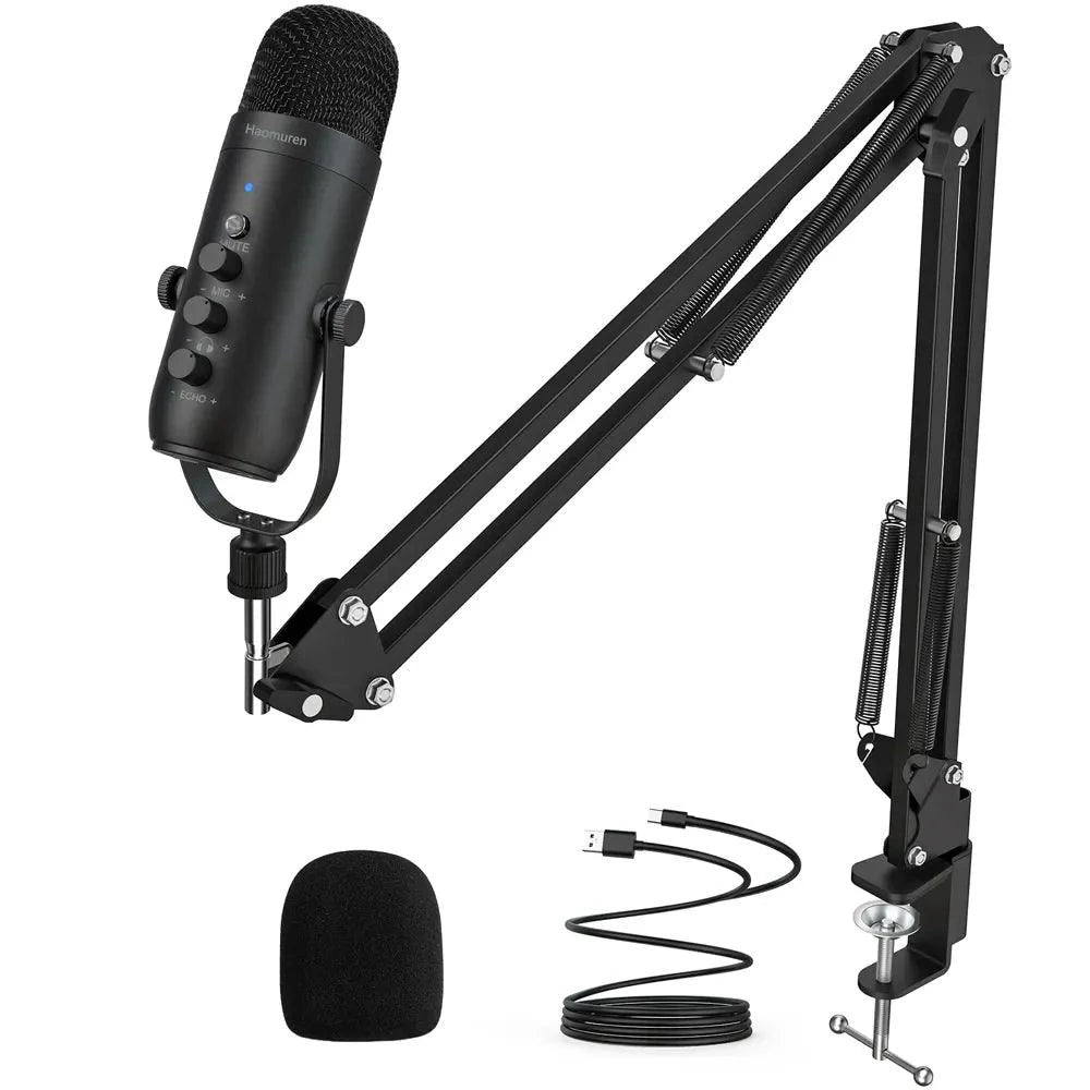 Mandotos Haomuren USB streaming podcast microphone kit with pop filter and adjustable stand on a desk setup.