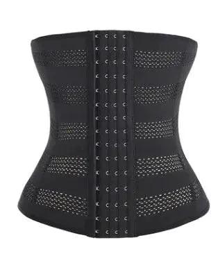 Mandotos hot waist trainer corset showing a black waist-shaping garment with adjustable laces and hook closures.