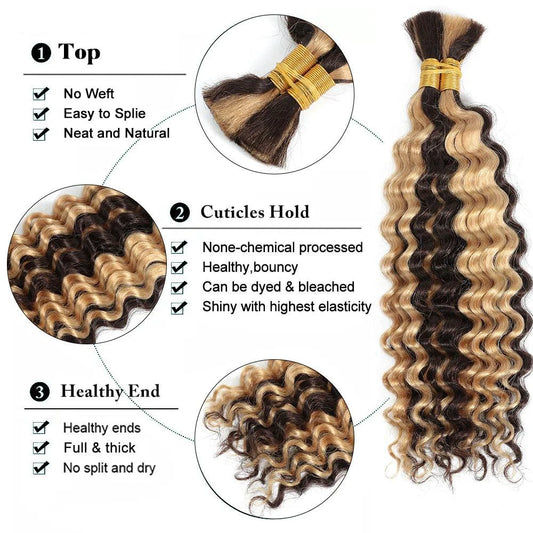 Human Hair 20-inch deep wave braiding bundle with P4/27 highlights by MANDOTOS, showcasing textured, highlighted hair for stylish braids.