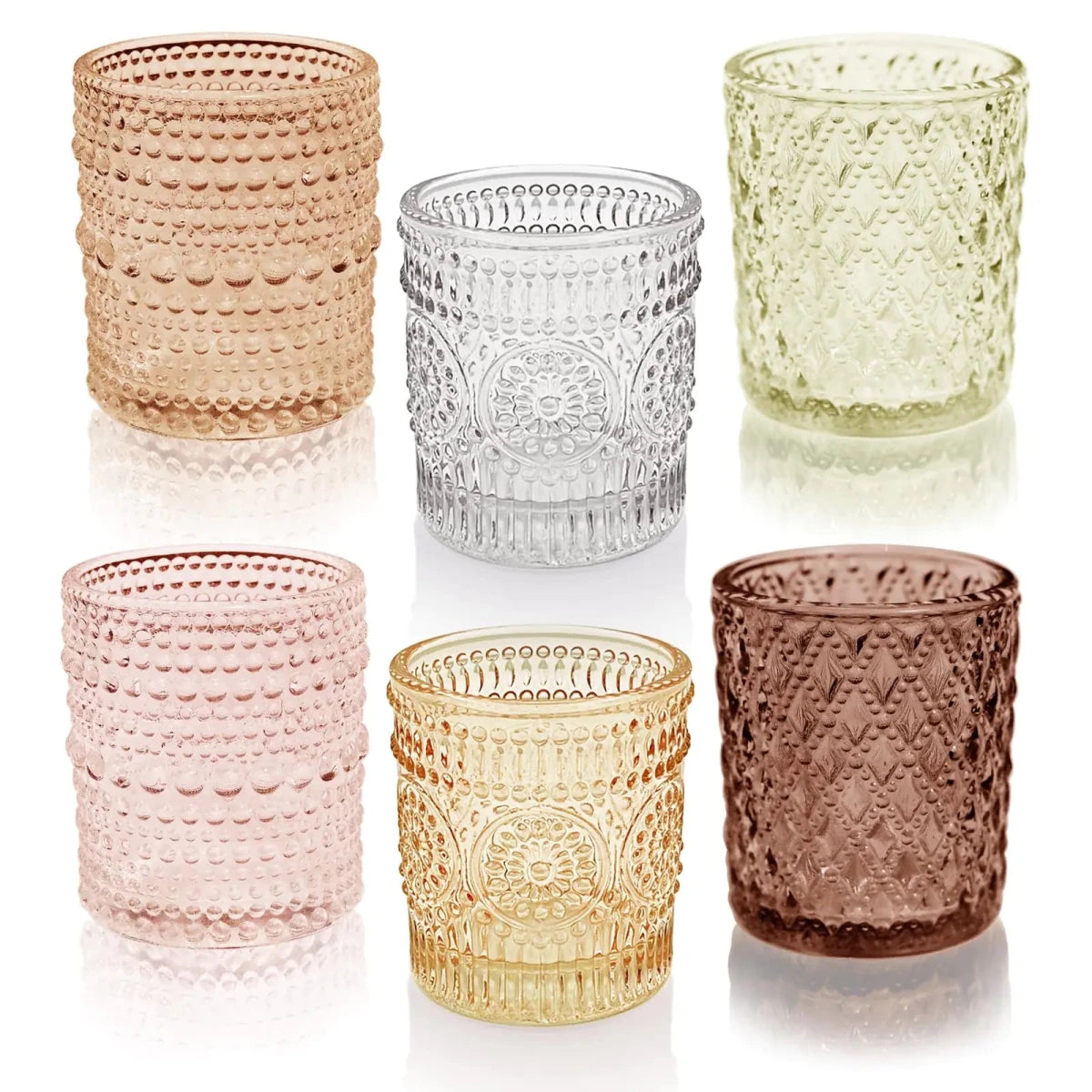 Set of 12 multicolor glass tealight holders by MANDOTOS INTERNATIONAL, perfect for special occasions and decorative lighting.