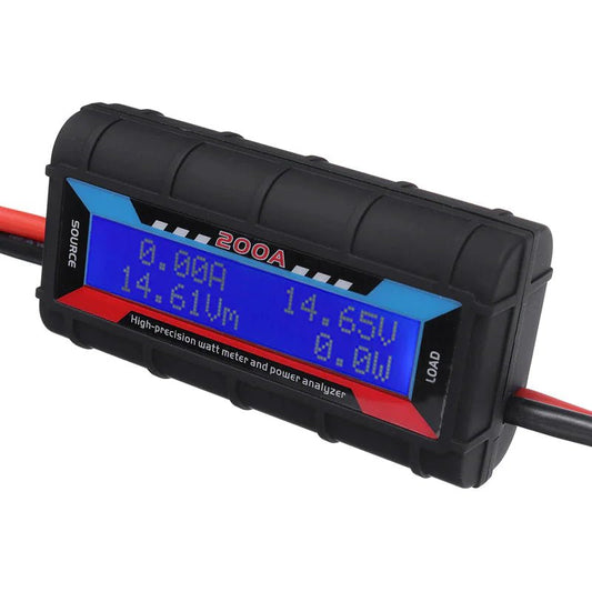 Mandotos International 200A DC LCD Power Analyzer measuring RC battery and solar panel voltage and current, compact digital display device