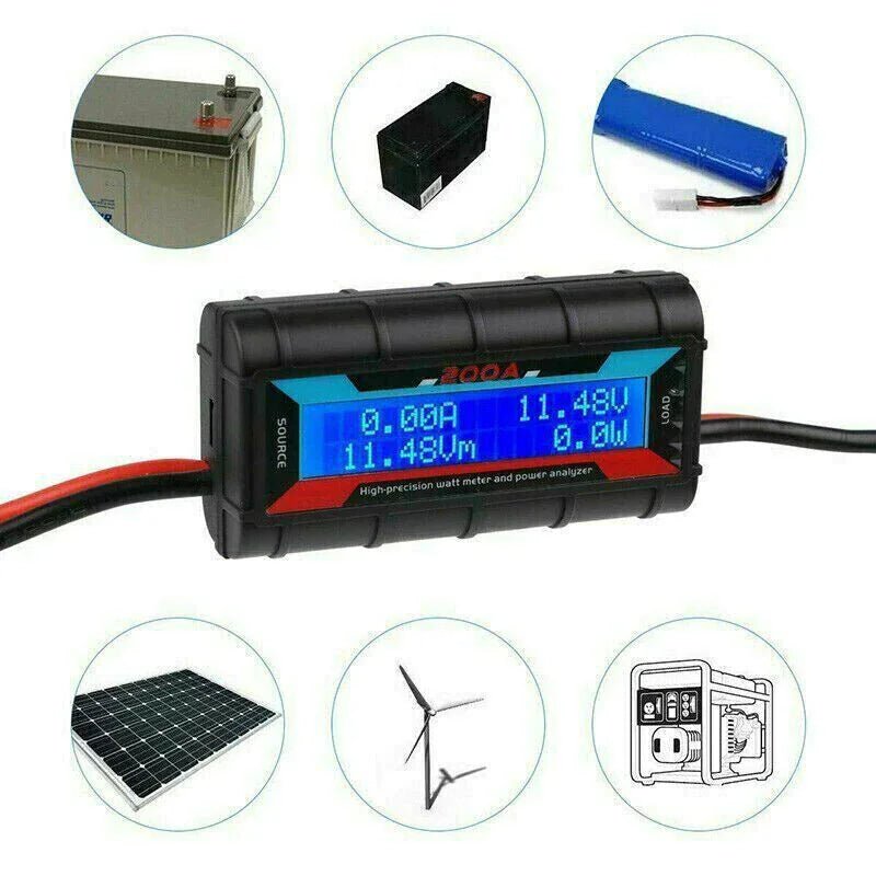 Mandotos International 200A DC LCD Power Analyzer for RC batteries and solar energy systems showing display and connection ports.
